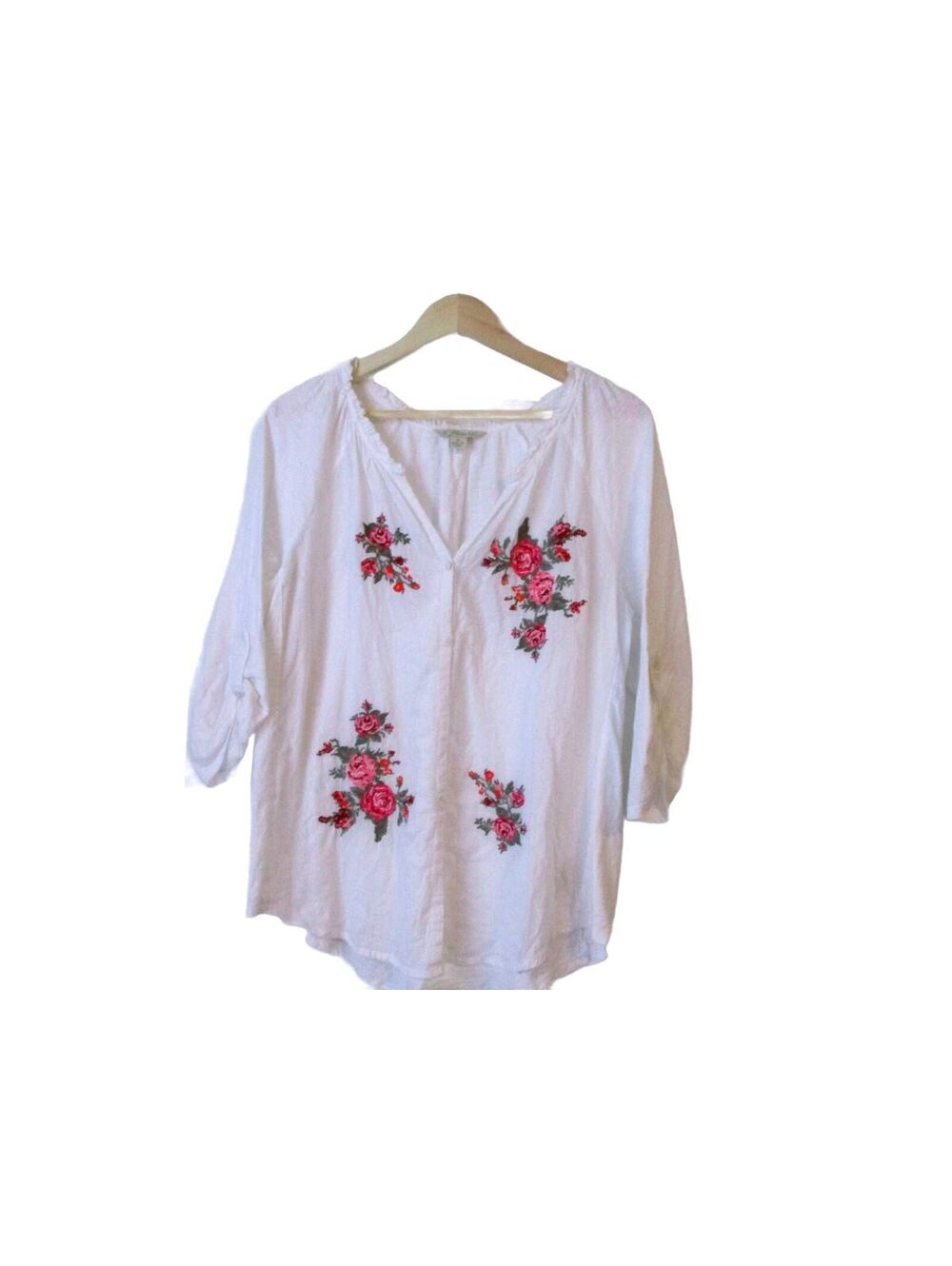 Khakis & Co White Embroidered Floral Boho Blouse Top M Medium